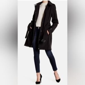 MICHAEL KORS Black Missy Water Resistant Hooded Coat Belt Faux Fur Size M Flaw*